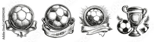 Vintage Soccer Elements with Ball, Trophy, and Decorative Banners, vector illustration, engraving design, logo design set, black and white line, template design element