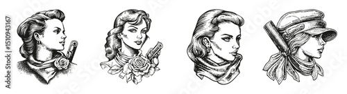 Vintage Portraits of Women with Guns and Roses in Black and White, vector illustration, engraving design, logo design set, black and white line, template design element