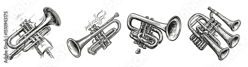 Vintage Design of Various Brass Instruments in Sketch Style, vector illustration, engraving design, logo design set, black and white line, template design element