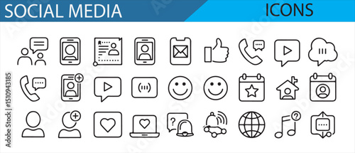Collection of social media icons including call, chat, and media symbols.