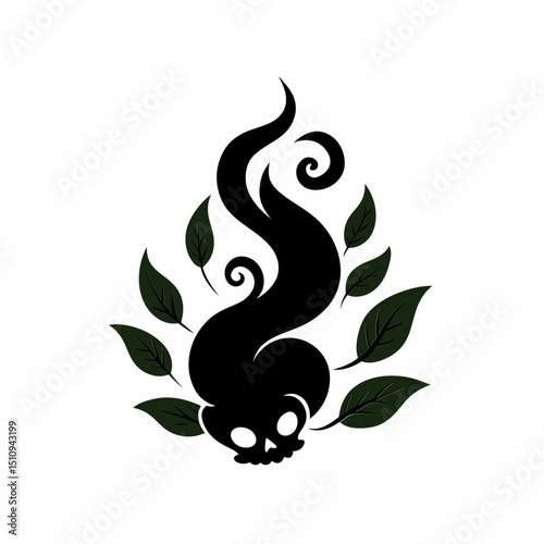 Skull with Smoke and Leaves Illustration in Silhouette Style