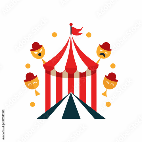 Whimsical Circus Tent with Masks and Floating Spheres Illustration silhouette
