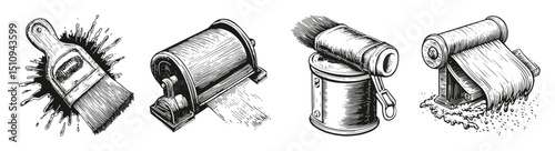 Detailed Designs of Painting Tools and Equipment for Art Projects, vector illustration, engraving design, logo design set, black and white line, template design element