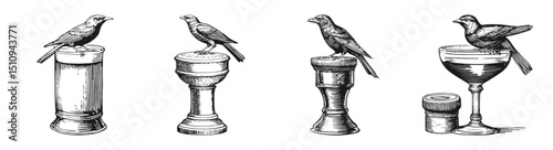 Vintage Engraving of Birds on Pedestals and Glassware Illustrations, vector illustration, engraving design, logo design set, black and white line