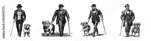 Victorian Gentlemen Walking Dogs in Vintage Style Illustrations, vector illustration, engraving design, logo design set, black and white line