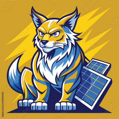 Lynx mascot displaying modern design with solar panel energy harnessing features against a bold yellow background