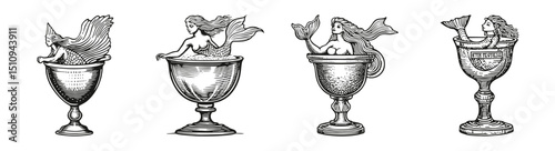 Vintage Illustrations of Mermaids in Decorative Cups and Goblets, vector illustration, engraving design, logo design set, black and white line