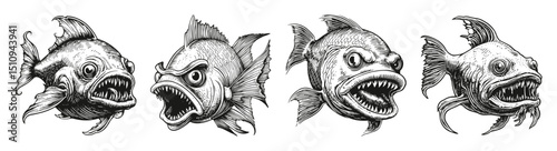 Vintage Engraving of Aggressive Fish Illustrations in Black and White, vector illustration, engraving design, logo design set, black and white line