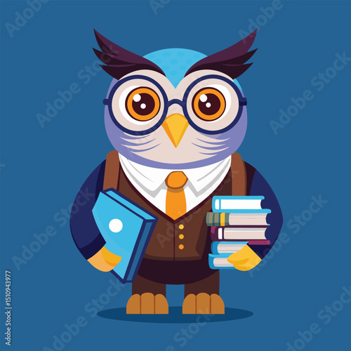 Owl mascot librarian holds books while engaging young readers in a colorful library environment promoting literacy and learning