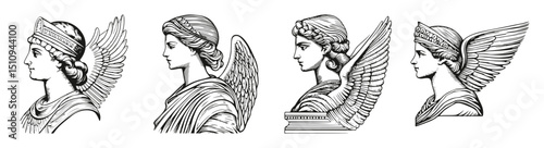 Classic Winged Female Figures in Historic Artistic Style, vector illustration, engraving design, logo design set, black and white line