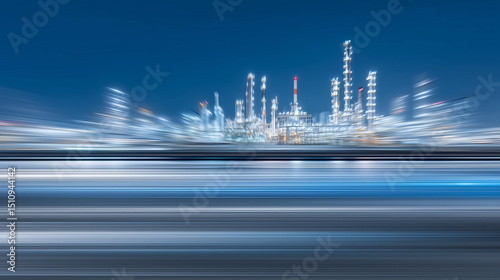 Blurred headlights wrap refinery frames, tall stacks lit by motion and energy
