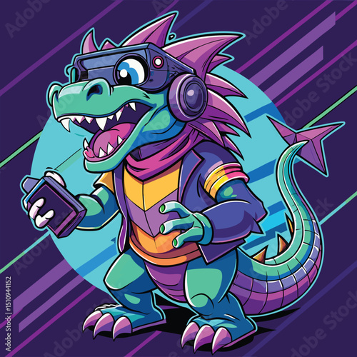 Dragon mascot enjoying a virtual reality experience with headset and controller in an animated vibrant background during a gaming event