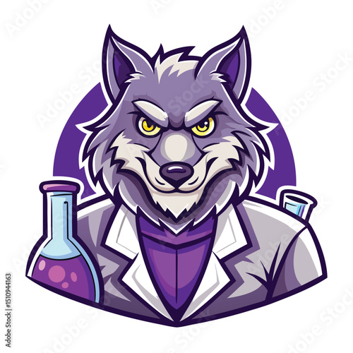 Wolf mascot showcasing intellect and scientific curiosity with laboratory equipment in a colorful and engaging design for educational purposes