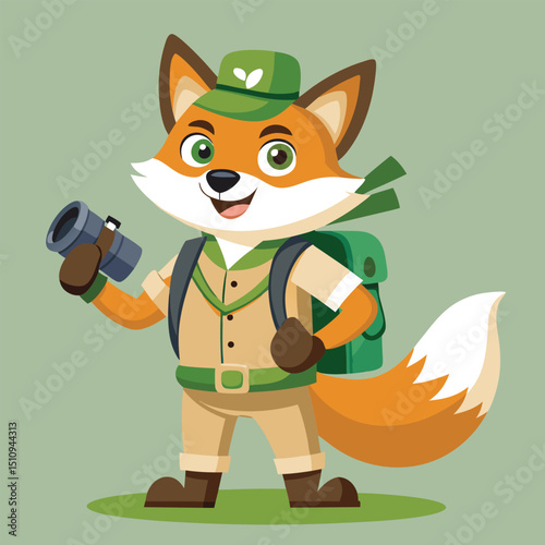 Fox mascot dressed as a safari guide stands confidently holding binoculars ready for an adventure in a vibrant outdoor setting