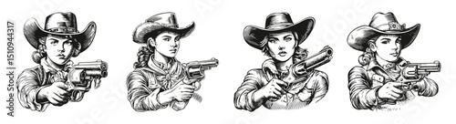 Stylish Female Cowboys Aiming with Classic Revolvers and Pistols, vector illustration, engraving design, logo design set, black and white line