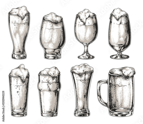 Various styles of beer glasses filled with foam