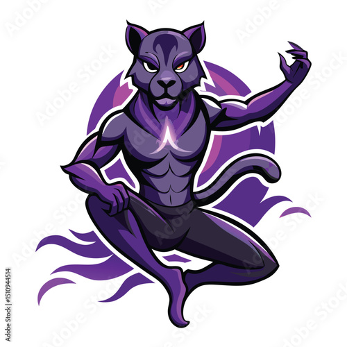 Graceful panther mascot performs yoga pose against a vibrant backdrop capturing calm and focus during a serene moment of balance