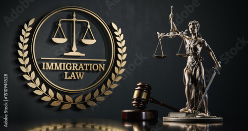 Immigration Law: Themis and judge's gavel in the background of a golden icon with scales and text
