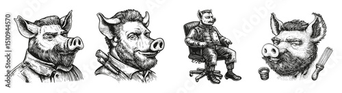 Detailed Illustrations of Anthropomorphic Pig Characters with Attitude, vector illustration, engraving design, logo design set, black and white line