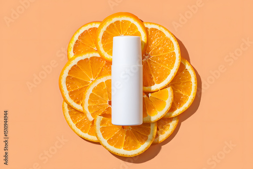 Refreshing skincare product displayed with sliced oranges against a light orange backdrop with natural healthy ingredients