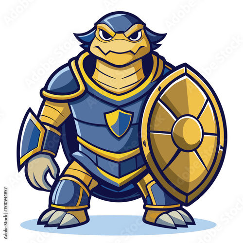 Tortoise mascot dressed in armored gear with shield and digital shell pattern stands ready for action in a vibrant cartoon style