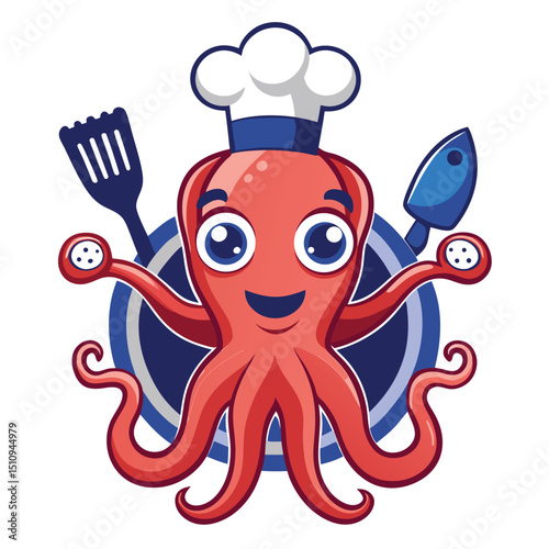 Cheerful octopus chef character lending culinary skills with various cooking utensils against a playful background