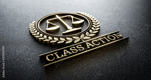 Class Action: Golden Icon with Scales of Justice and text. Legal Concept