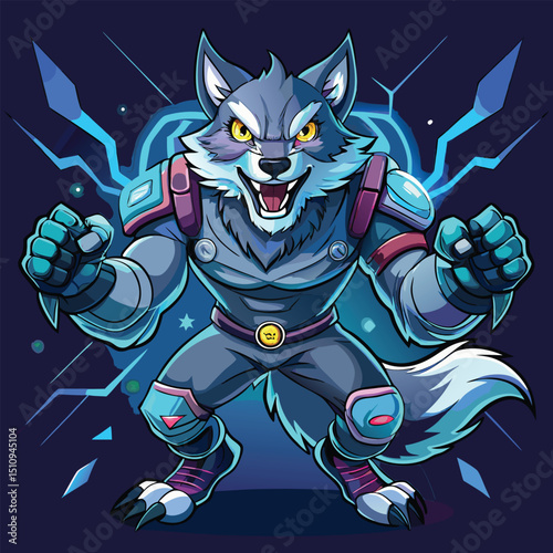 Wolf mascot in a fierce stance dual wielding gaming controllers ready for action in a vibrant gaming arena ambiance