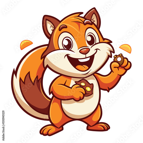 Cheerful chipmunk mascot with stuffed cheeks enjoying snacks in a vibrant, animated forest setting during a sunny afternoon event