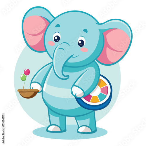 Elephant mascot skillfully balancing a baby scale and a colorful palette while presenting a playful and cheerful demeanor