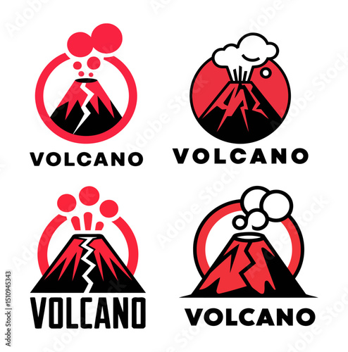 Creative Volcanic Mountain Icons Featuring Smoke, Lava, and Circular Frames