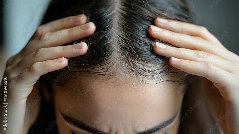 Fototapeta premium A woman gently touches her scalp with both hands