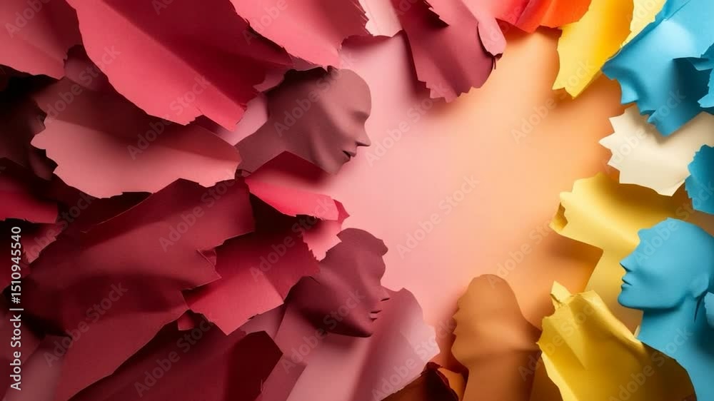 Abstract paper sculpture of face profile with contrasting colors background