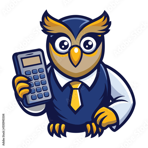 Wise owl mascot holding a calculator and ledger representing financial literacy and education for all ages in a modern, engaging style