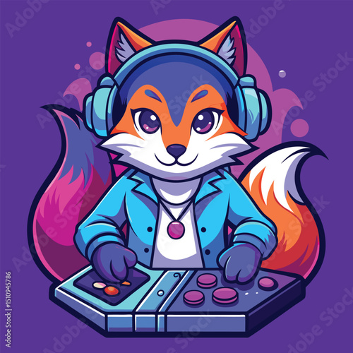 Vibrant fox mascot dressed as a DJ mixing music with headphones on in a lively atmosphere, showcasing a colorful musical display