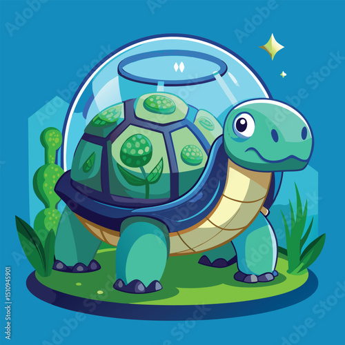Turtle mascot displays unique biodome shell with thriving ecosystem in vibrant setting, showcasing creativity and environmental awareness