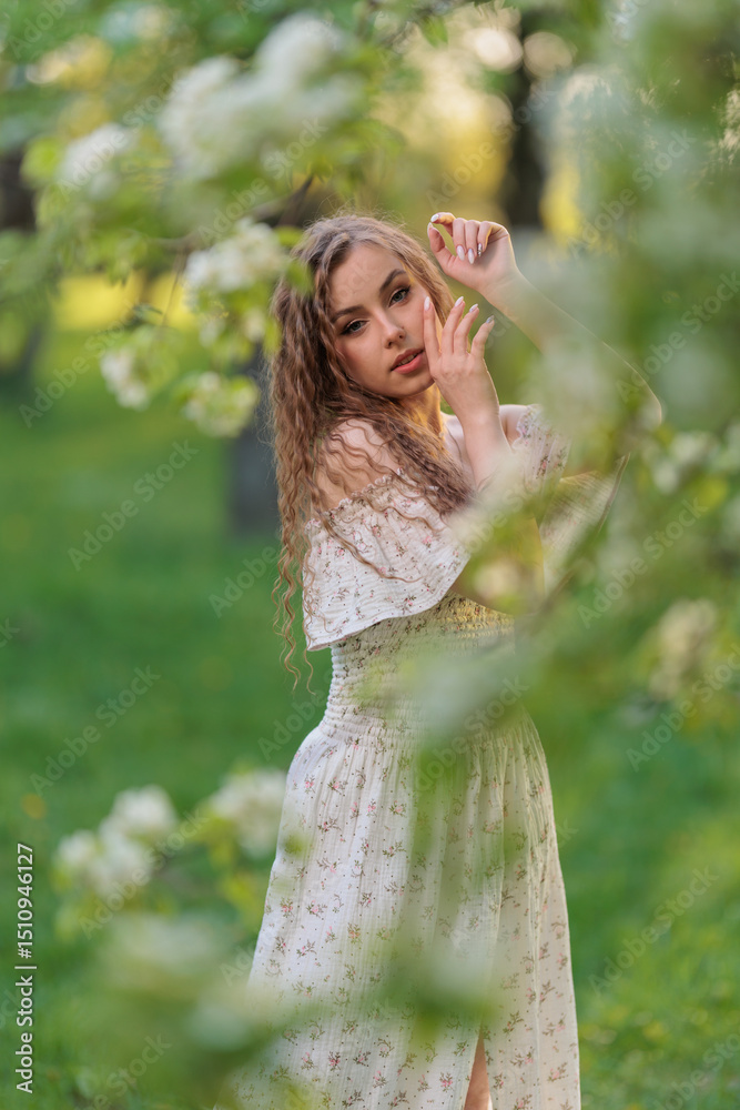 Naklejka premium Beautiful Girl with long hair in a white dress poses near white blossoming apple trees