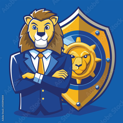 Lion mascot in business suit stands confidently by vault, symbolizing security and trust in a corporate setting during daytime