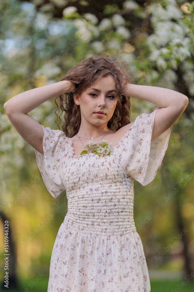 Naklejka premium Beautiful Girl with long hair in a white dress poses near white blossoming apple trees