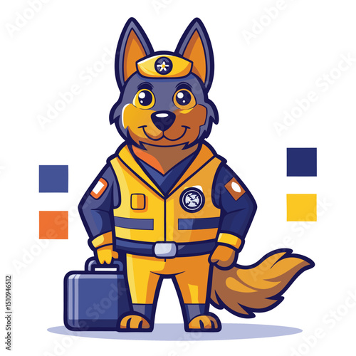 German shepherd mascot dressed in safety gear while standing with a briefcase, representing emergency services in a cartoon style