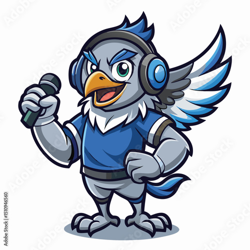 Eagle mascot broadcaster with microphone engaging the audience in a lively sports event at a stadium during the day