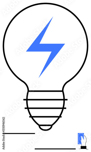 Lightbulb with lightning bolt signifying electricity, user tapping a device for smart energy control. Ideal for energy, innovation, technology, sustainability, smart devices, clean energy, simple