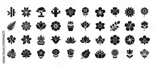 Flower & Botanical Elements icons, Black and white icon set with various flower and plant silhouettes
