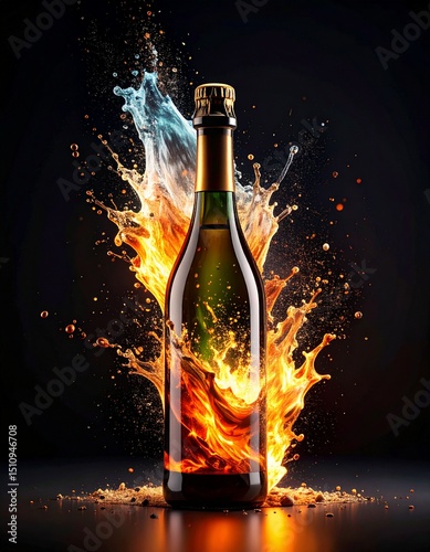 champagne bottle exploding on a black background