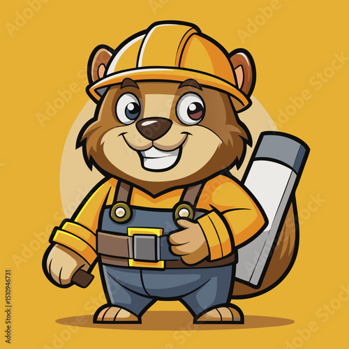Beaver mascot with tool belt and blueprint prepares for construction project in a cheerful background