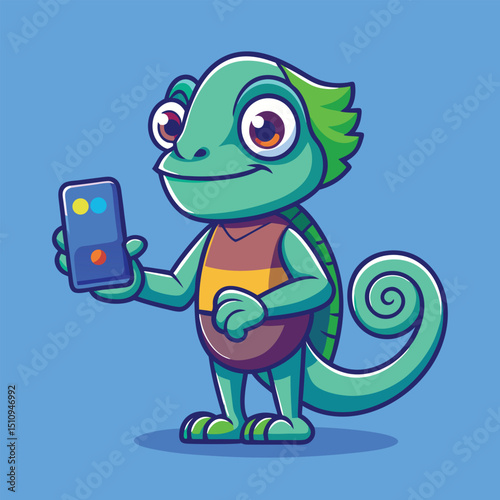 Chameleon mascot dynamically changing colors while holding a smartphone in a playful pose against a blue background