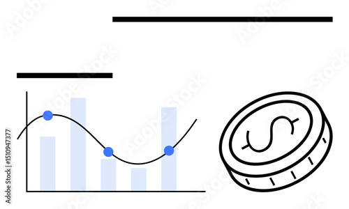 Bar chart with trend line and plot points alongside coin with dollar sign. Ideal for finance, economy, data analysis, investment, market trend, banking, simple landing page