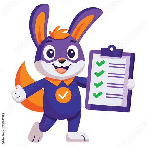 Quality testing process emphasized by rabbit mascot toy tester holding a checklist in a playful environment