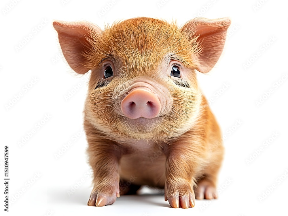Fototapeta premium Cute piglet sitting curiously on white background