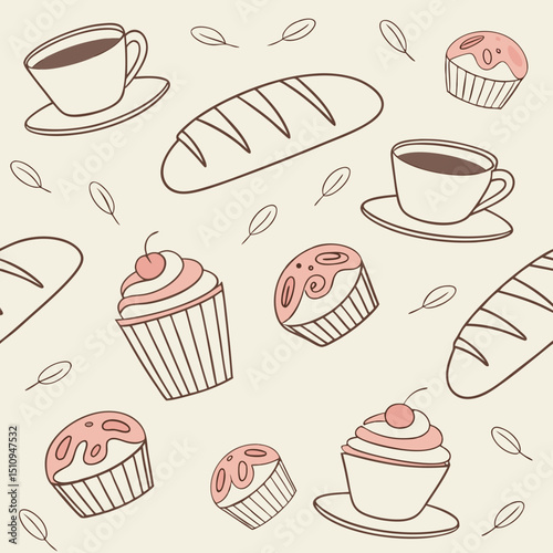 "Bakery vector background — seamless pattern of bread, cupcakes, coffee in warm pastel tones"
